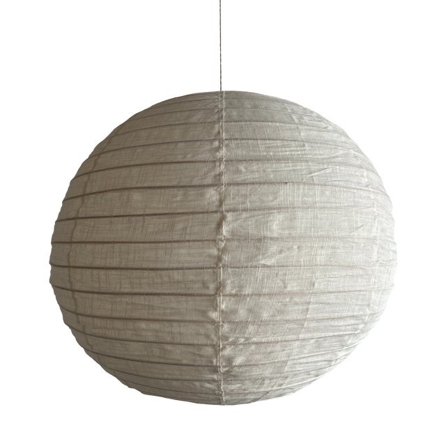 Large Round Japanese-Style Rattan and Natural Linen Pendant Light, 1980s For Sale