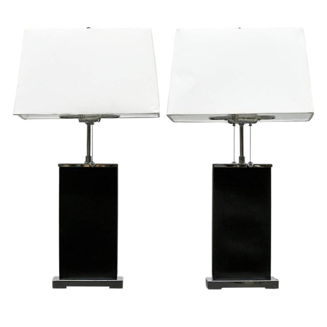 Black Synthetic Leather and Chrome Block Table Lamps With Pull‑Chain Switches – Pair For Sale