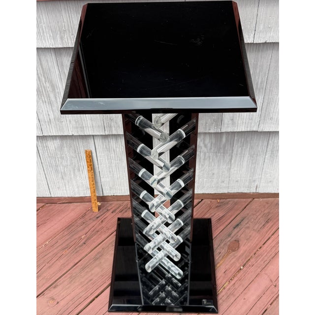 Vintage Shlomi Haziza two tone Lucite Acrylic Contemporary Pedestal Side Table. Measures 36" height, with the beveled...