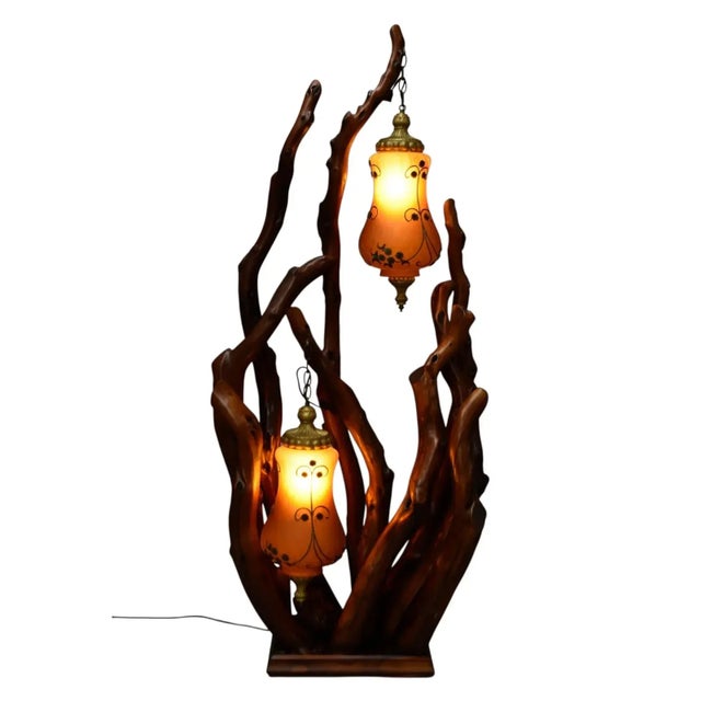 1970s Rustic Handcrafted Tree Branch Floor Lamp With Amber Glass Globes For Sale - Image 6 of 13