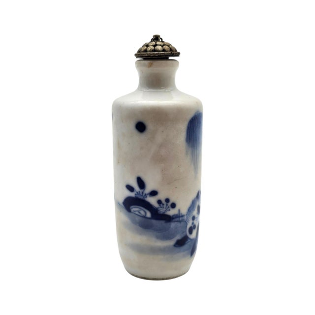 Vintage Chinese Blue & White Porcelain Snuff Bottle With Stopper Spoon (3.375") For Sale In San Francisco - Image 6 of 14