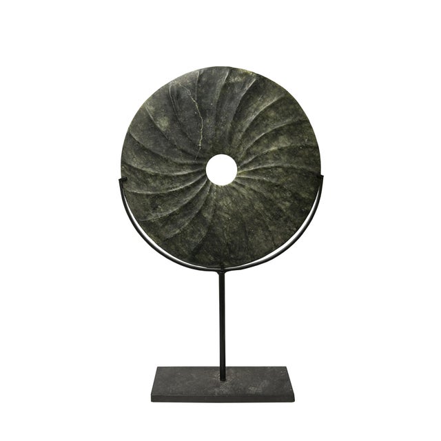 2000 - 2009 Dark Green Stone Crafted Round Fengshui Harmony Plaque on Stand Display For Sale - Image 5 of 5