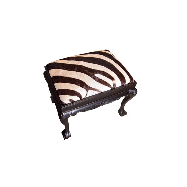 Wood 19th Century Queen Anne Style Carved Bench in Burchell Zebra Hide For Sale - Image 7 of 9