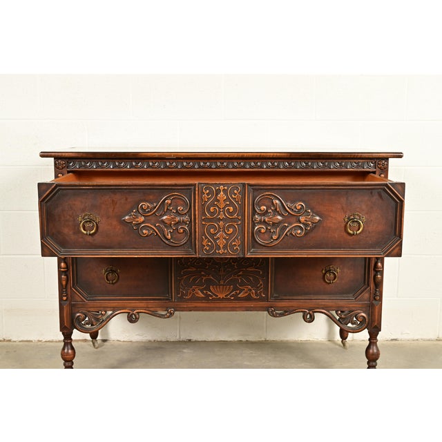 Brown Berkey & Gay Style Antique English Jacobean Carved Walnut Dresser, Circa 1920s For Sale - Image 8 of 17