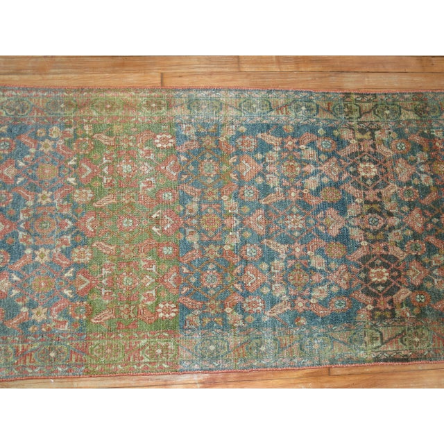 Green Early 20th Century Zabihi Collection Rare Long Blue Gray Pink Persian Malayer Runner - 2'9" x 19'8" For Sale - Image 8 of 11