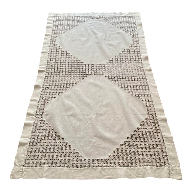 Vintage Cutout Detailed Linen Tablecloth For Sale