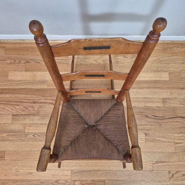 Late 19th Century Antique Hubbard Childrens Wood Ladder-Back Rush Seat Rocking Chair Rocker For Sale - Image 4 of 11