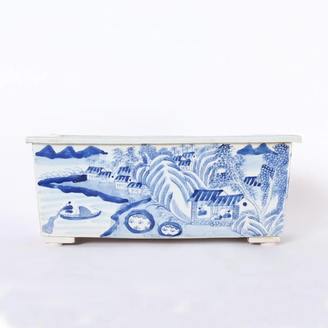Pair of Blue and White Porcelain Rectangular Planters For Sale - Image 4 of 9