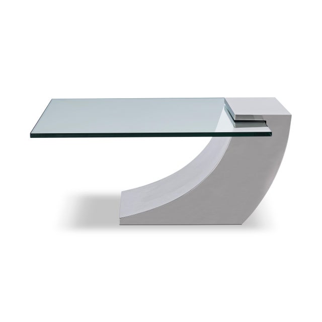 Modern stainless steel cocktail table designed by Greg Sheres. In stock. The clean contemporary lines of this stainless...