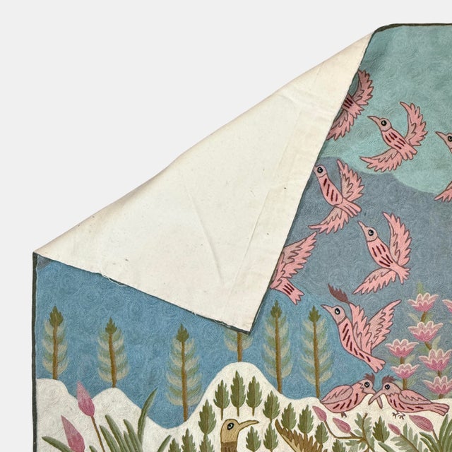 Vintage Folk Art Crewel Embroidery Wall Hanging Landscape With Birds For Sale In Philadelphia - Image 6 of 7