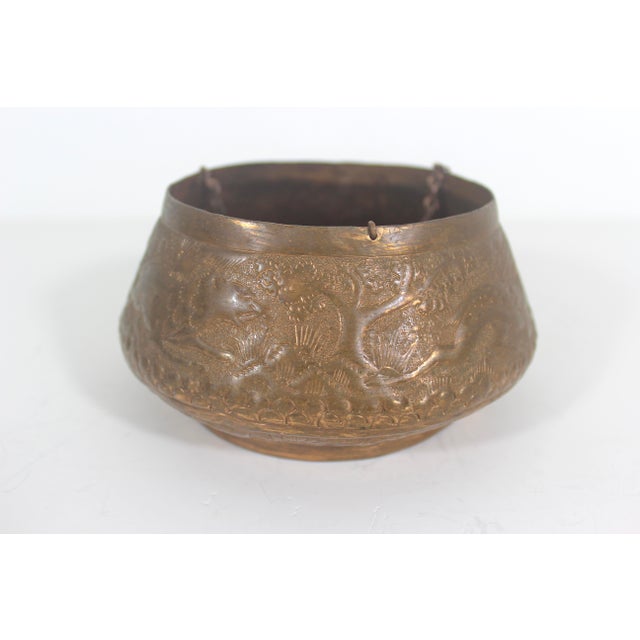 Asian Antique Early 20th Century Chased Copper Hanging Planter Bowl With Repoussé For Sale - Image 3 of 10