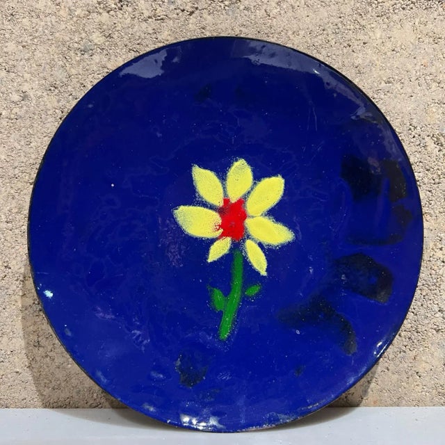 Blue 1967 Modern Copper Enamel Royal Blue Plate Yellow Daisy Flower Signed For Sale - Image 8 of 8
