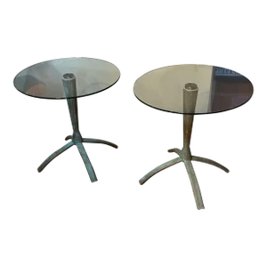 1980s Pair of Vintage Floating Glass Tables on Weathered/Distressed Metal Stands