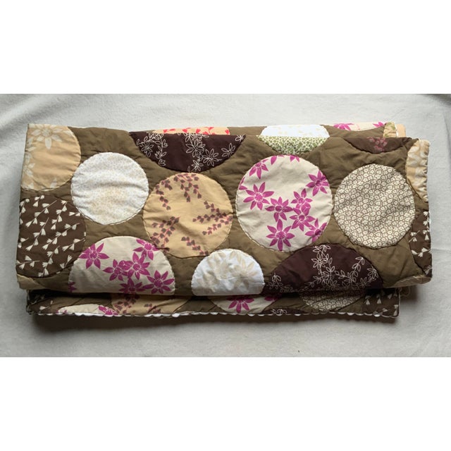 Hippie-Chic Japanese Cotton Medallion Quilt — Chocolate Brown & Pink Floral Circles, Hand Quilted, 66x88P For Sale - Image 16 of 18