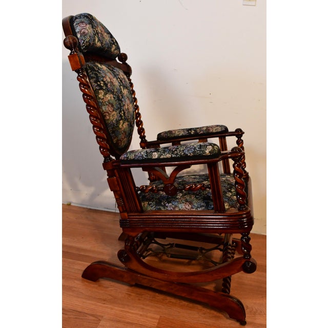 1870 Antique George Hunzinger Barley Twist Mahogany Rocking Chair New Upholstery For Sale - Image 9 of 13