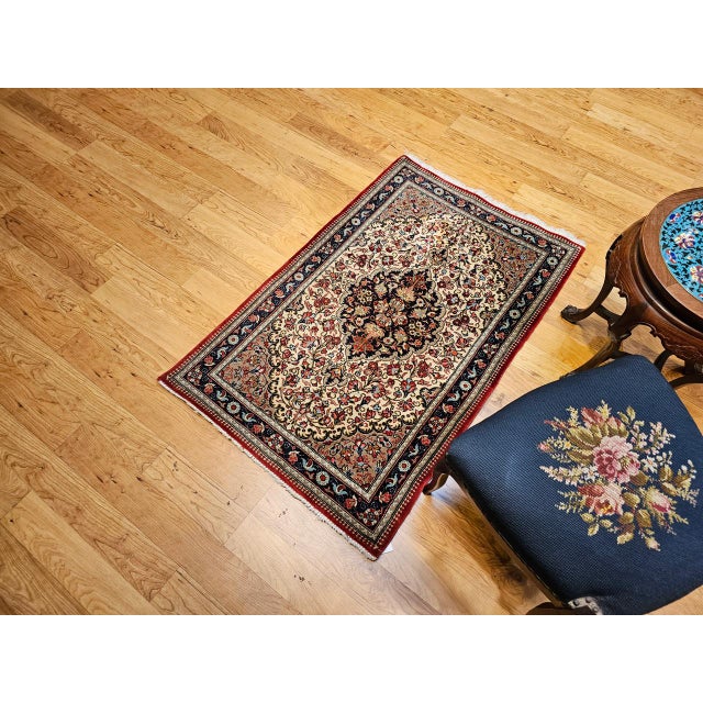 Textile Vintage Persian Isfahan Rug, Hand-Knotted Wool, Floral Pattern, Ivory & Navy, 3x4 For Sale - Image 7 of 15