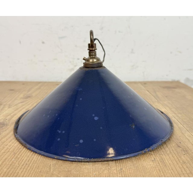 British Industrial Dark Blue Enamel Factory Pendant Lamp, 1950s For Sale - Image 10 of 15