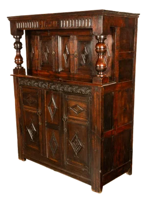 Antique English Jacobean 17th Century Charles I Carved Oak Court Cupboard Cabinet 1630