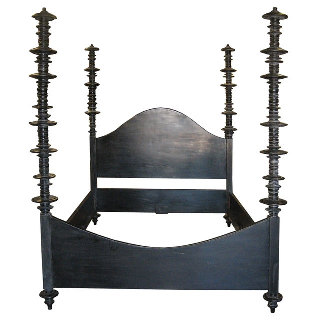 This hand-carved pale, weathered, whitewashed, or hand-rubbed black mahogany bed is embellished with intricate variegated...