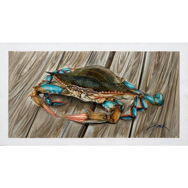 Blue Crab Painting by S. Park | Original Coastal Artwork on Canvas | 12 X 24 For Sale - Image 4 of 4