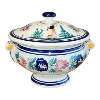 Mid 20th Century Hb Quimper Lidded Twin Handled Tureen For Sale