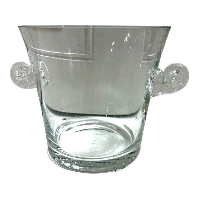 Vintage Attributed to Tiffany & Co. Clear Glass Ice Bucket With Swirled Scroll Handles For Sale