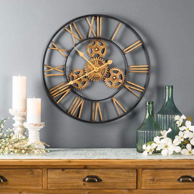 Modern Industrial Iron Gears Wall Clock with Roman Numerals 23.75"D For Sale - Image 3 of 3
