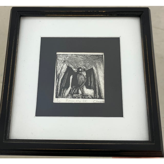 Original limited print 2/2 hand signed "Chagoya". This print depicts a raven in black and white and is inside of a black...