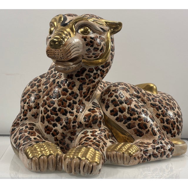 Bring dramatic Italian glamour to any interior with this exceptional pair of large vintage hand-painted porcelain leopard...