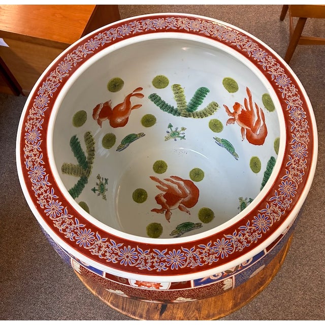 Vintage Painted & Glazed Large Scale Chinese Porcelain Fish Bowl W/ Peony Flowers & Butterflies For Sale In San Francisco - Image 6 of 11