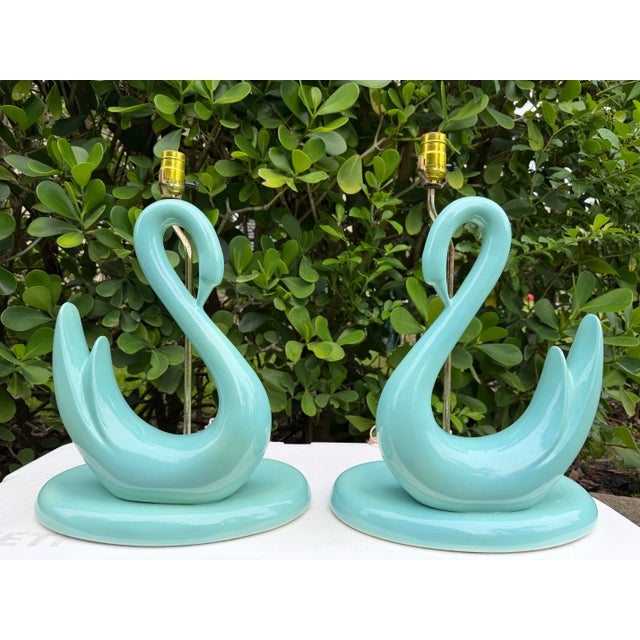 Vintage Sculptural Aqua Swan Table Lamps, Pair For Sale - Image 4 of 11