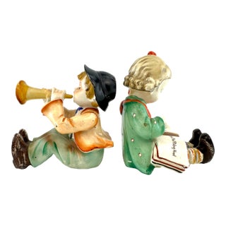 1950s Japanese Ceramic Boy Musician & Little Red Riding Hood Girl Figurines, a Pair For Sale