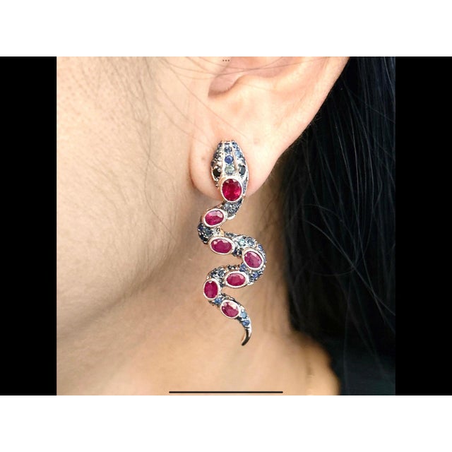 Gemstone Bochic “Orient” Vintage Ruby & Sapphire Serpent Earrings Set 18K Gold & Silver For Sale - Image 7 of 15