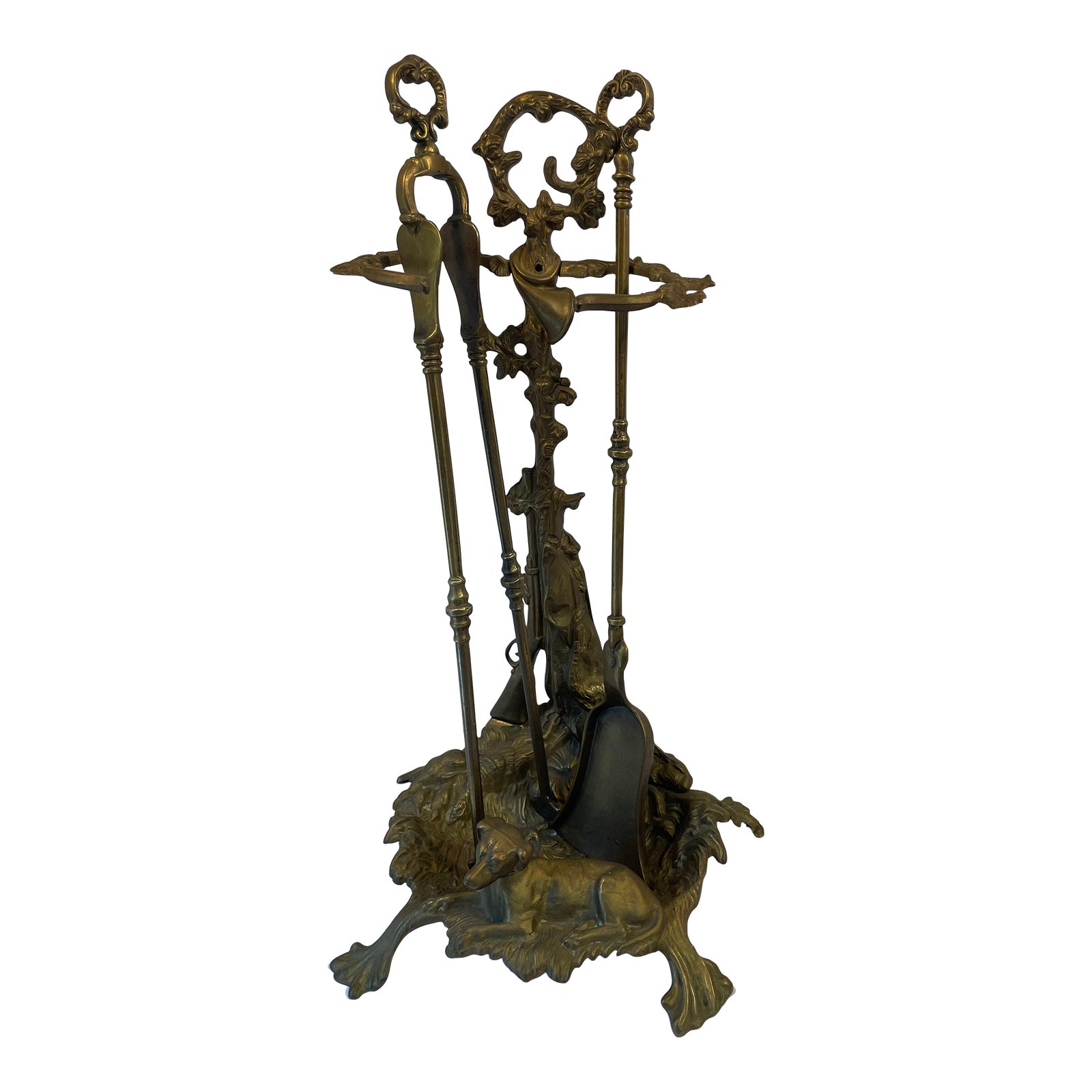 Vintage Cast Brass or Bronze Hunting Motif Fireplace Tool Set | Chairish