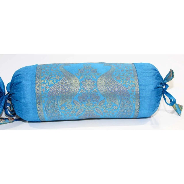 Bolster Pillows Turquoise Blue and Gold Colors with Peacock - A Pair For Sale - Image 11 of 13