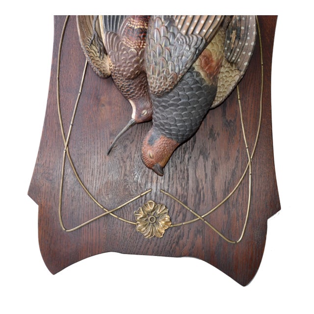 Wood Two Antique Black Forest Terracotta Pheasant Birds Wall Plaque Fine Art Oak Wood For Sale - Image 7 of 13