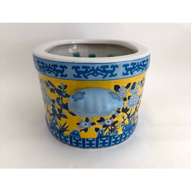 Vintage Yellow & Blue Chinoiserie Porcelain Footbath Planter W/ Koi Fish For Sale - Image 9 of 12