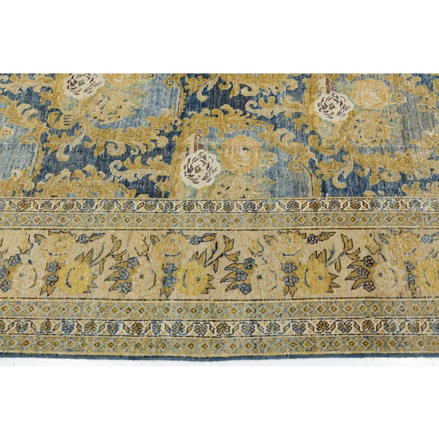 Antique Mahal Rug With Muted Ochre and Indigo Blue Floral Medallions For Sale - Image 4 of 12
