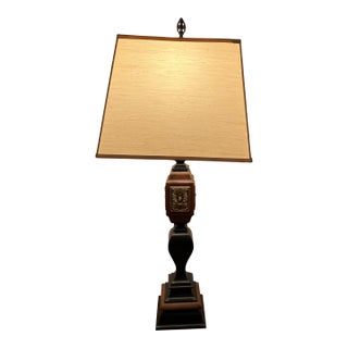 Vintage Neoclassical/Hollywood Regency Tall Ebonized Wood Gold Table Lamp W/Shade For Sale
