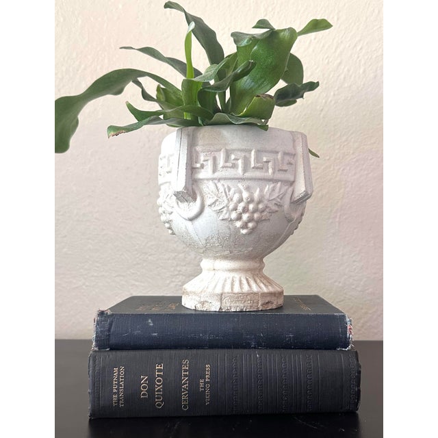 Traditional Vintage Concrete Pedestal Urn Planters – Greek Key Grapevine Garden Jardinières - A Pair For Sale - Image 3 of 12