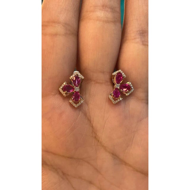 Art Deco Art Deco 14k Rose Gold Ruby Diamond Half Floral Cluster Earrings- A Pair For Sale - Image 3 of 11