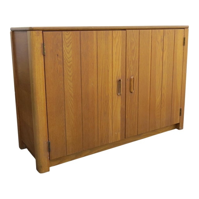 Vintage Compact Oak Liquor Cabinet or Petite Sideboard With Rattan For Sale