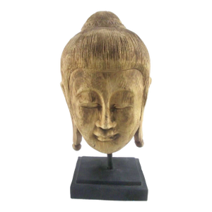 Asian Wooden Buddha Head Sculpture in the Southeast Asia Motif