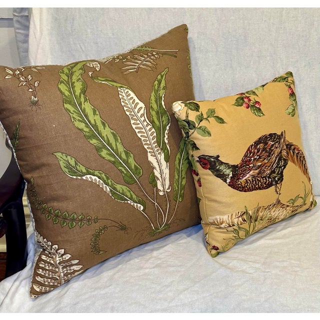 Pair of Custom Linen Throw Pillows – Salamandre Pheasant & Botanical Leaf, Down Alternative Inserts For Sale - Image 4 of 10