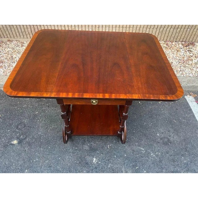 Baker Furniture Vintage Federal Style Inlaid Mahogany Drop Leaf Table Tea Bar Cart With Drawer Tea cart has two drop leafs...