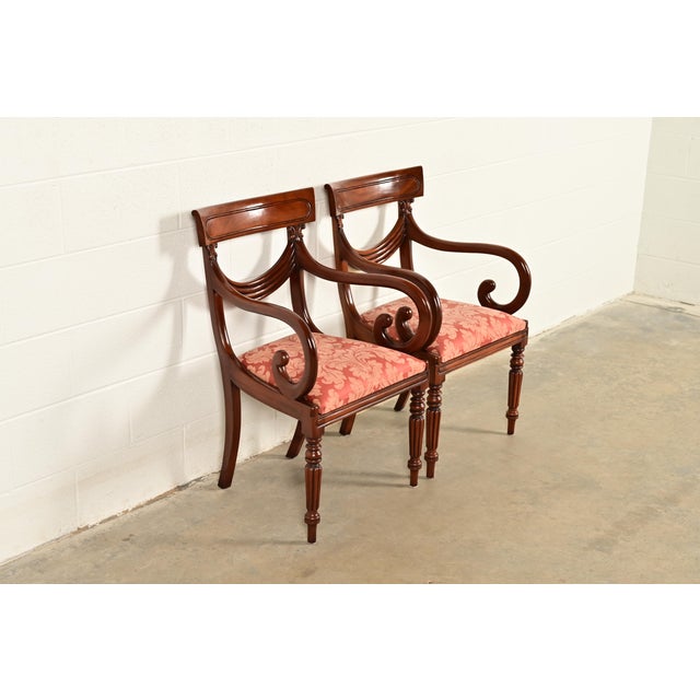Baker Furniture Company Baker Furniture Style English Regency Carved Mahogany Armchairs, Pair For Sale - Image 4 of 14