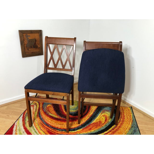 Blue Stakmore Lattice Back Styled Indoor Folding Chairs with Blue Upholstery - a Pair For Sale - Image 8 of 9