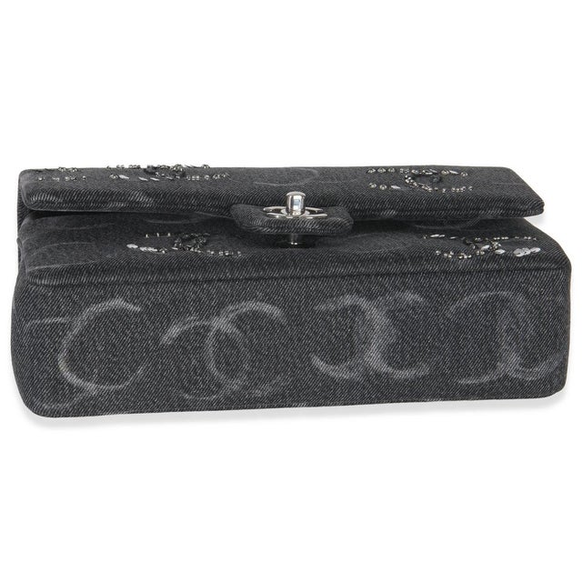 1950s Black Denim Sequin CC Medium Classic Double Flap Bag For Sale - Image 5 of 9