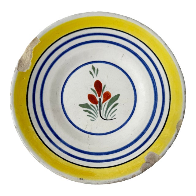 Antique French Henriot Quimper Hand Painted Plate With Flower For Sale
