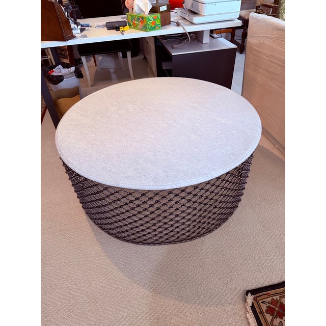Contemporary White Granite-Top Round Coffee Table With Metal Mesh Base For Sale - Image 3 of 7
